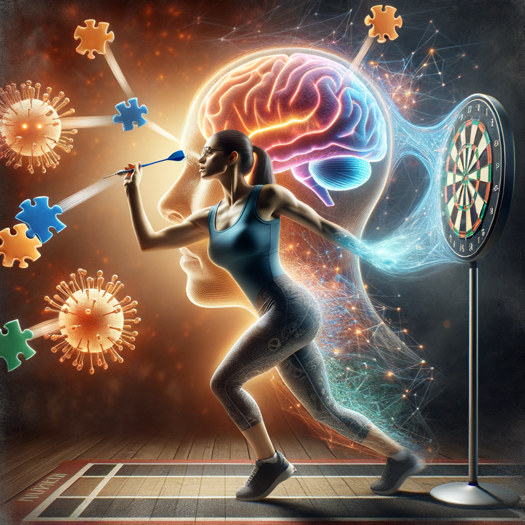 Individual enhancing cognitive function and decision-making skills through the mental health benefits of playing darts game, demonstrating brain activity.