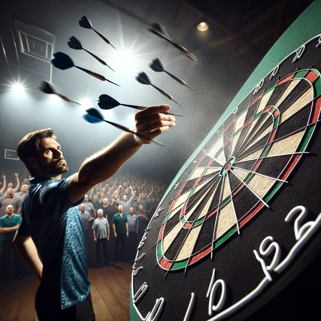 High-resolution darts game photography capturing the essence of darts in pictures, showcasing a dart in mid-flight towards the dartboard.