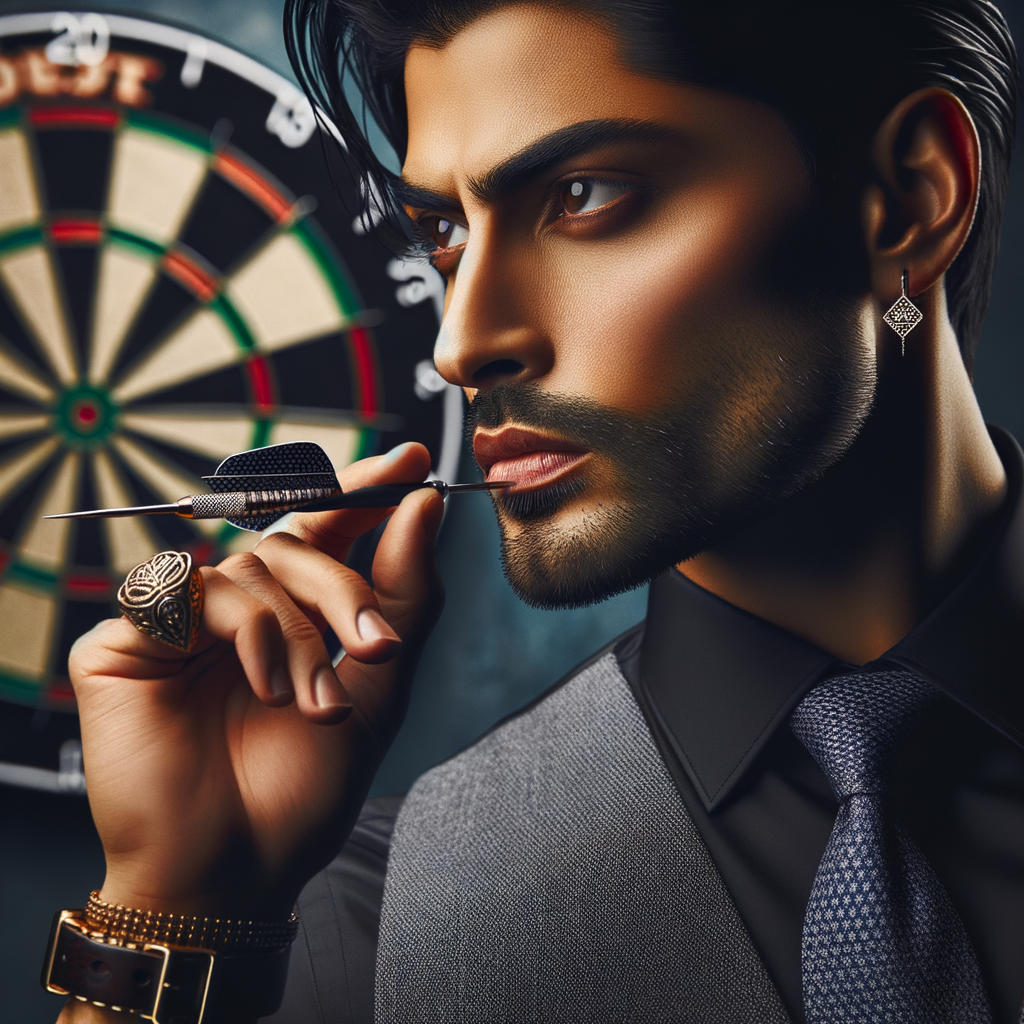 Professional dart player showcasing personalized dart equipment, unique dart accessories, and darting fashion emphasizing personal style in darts.