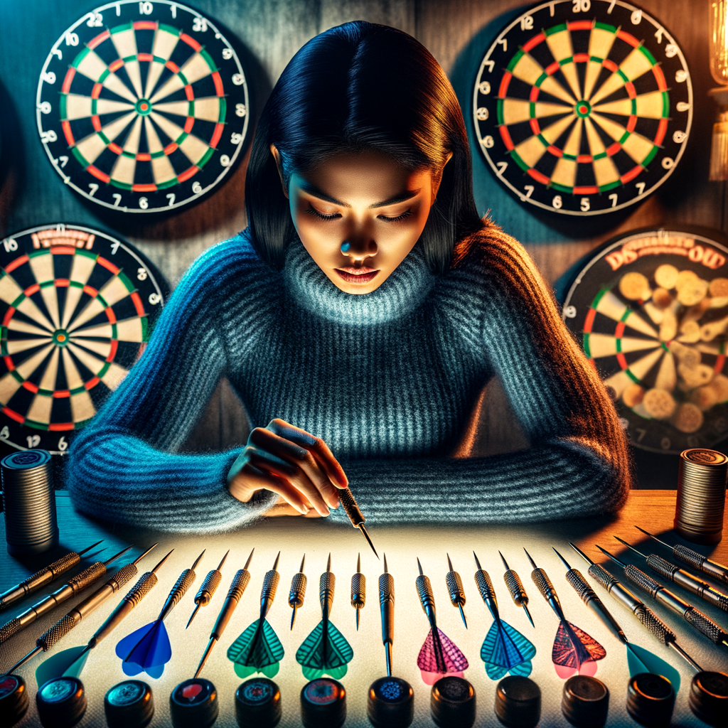 Dart player engrossed in dart equipment selection, illustrating the psychology of choice and mental aspect of darts, highlighting the impact of psychological factors on dart gear preferences and decision making.