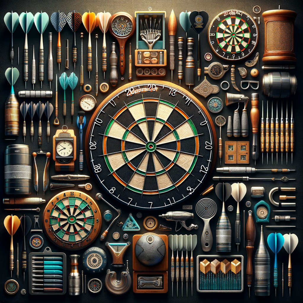 Variety of essential dart board accessories, dart equipment, and dart supplies showcasing professional dart game equipment for dart accessory guide.